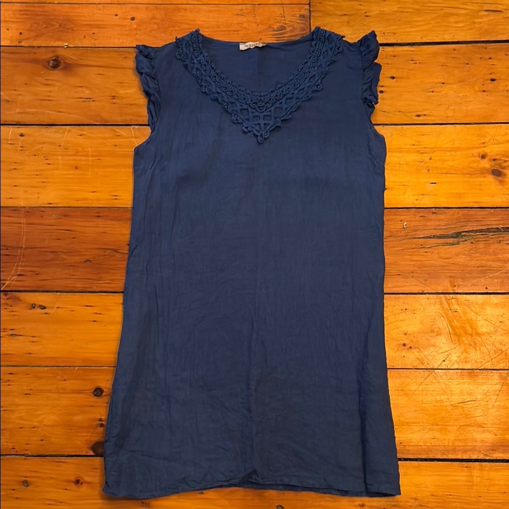 Royal Blue Sleeveless Linen Shift Dress with Lace Detail